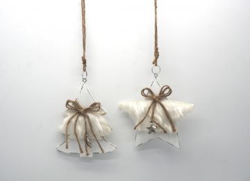 PENDENTE NATALIZIO IN LEGNO CON PELO/DECORAZIONI BIANCO H. 12CM ASSORTITO