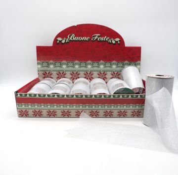 ROTOLO NASTRO ORGANZA LUCENTE CON TRAMA ARGENTO H. 11,25CMX2,70M