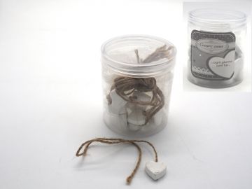 BARATTOLO CON 12 CUORI LEGNO D. 2CM CON SPAGO 8.5X7.5CM