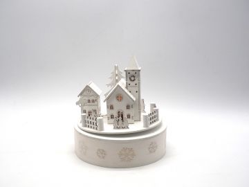 PAESAGGIO IN LEGNO BIANCO CON CARILLON CON LUCE H 17.5/D 16CM ROTONDO