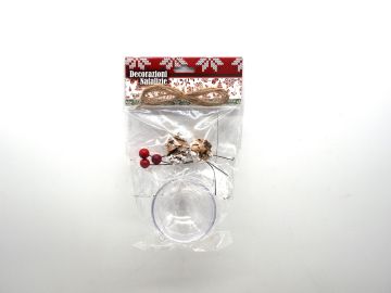 SET PALLA DI PLASTICA TRASPARENTE APRIBILE DIAM. 7CM CON PIGNE SPAGO E BACCHE