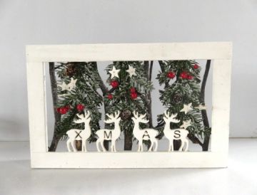 QUADRETTO LEGNO CON RAMI/PINO/RENNE BIANCHE H 23X37X5.5CM CON LUCE