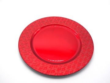 PIATTO PLASTICA D. 33CM ROSSO LUCIDO CON FASCIA DISEGNO IN RILIEVO