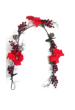 GHIRLANDA CON 3 STELLE DI NATALE ROSSE E BACCHE L. 140CM