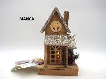 CASETTA IN LEGNO BIANCA CON 5 LUCI E TETTO GLITTERATO 16X9CM H. 27.5CM