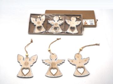 SET DI 6 ANGELI IN LEGNO DA APPENDERE CON CUORE E BRILLANTINI ARGENTO H. 10CM ASSORTITO