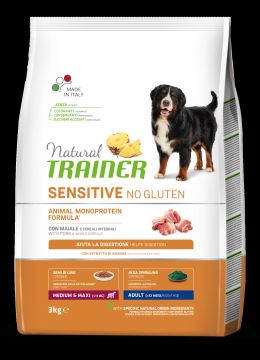 NATURAL TRAINER DOG ADULTO MEDIUM & MAXI SENSITIVE MAIALE E CEREALI INTEGRALI KG 12