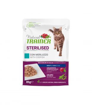 NATURAL TRAINER CAT ADULTO MERLUZZO STERILISED WET GR 85