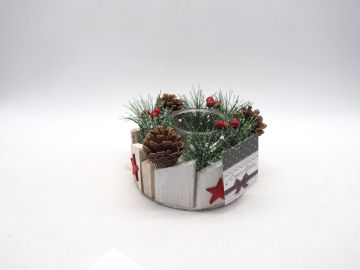 PORTA CANDELA 1 VETRO IN LEGNO BIANCO C/PIGNE/BACCHE D 17CM H 12CM