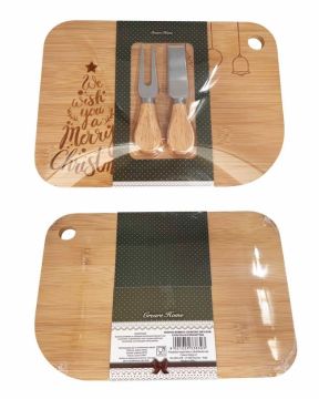 TAGLIERE IN BAMBU' CON DISEGNO NATALIZIO COLTELLO E FORCHETTINA 28X19.6CM