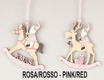 PENDENTE CON BABBO NATALE SU DONDOLO ROSA 10.5X11CM ASSORTITO