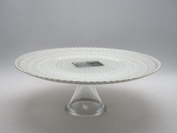 ALZATA IN VETRO BIANCO OPACO CON DECORI ARGENTATI D. 32CM H. 10CM