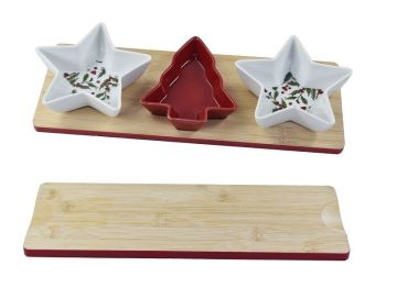 SET 3 CIOTOLE CERAMICA NATALIZIE CON VASSOIO IN LEGNO 33X12X4.5CM