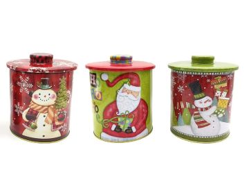 SET 2 SCATOLE ROTONDE IN LATTA GRANDE CON COPERCHIO E DECORO NATALIZIO ASS.