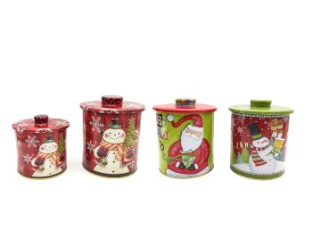 SET 2 SCATOLE ROTONDE DI LATTA C/COPERCHIO C/POMOLO DECORO NATALIZIO ASS