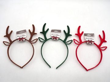 CERCHIETTO FLOCCATO CON CORNA E ORECCHIE DA RENNA 21X14CM ASSORTITO