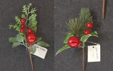 PICK NATALIZIO CON AGHI DI PINO E BACCHE ROSSE H. 15/18CM ASSORTITO