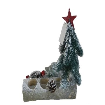 PORTA CANDELA 3 VETRI CON LEGNI NEVATI PIGNE/BACCHE/ALBERO 14X7CM H. 30CM