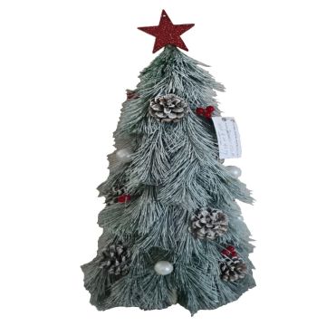 DECORAZIONE ALBERO DI NATALE NEVATO CON PIGNE BACCHE BASE IN LEGNO H. 55CM