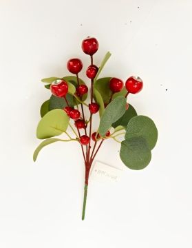 RAMETTO FOGLIE VERDI CON BACCHE ROSSE E GEMMA H. 30CM