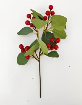 RAMETTO PICK FOGLIE VERDI CON BACCHE ROSSE H. 32CM
