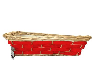 CESTO RETTANGOLARE IN LEGNO NATURALE CON FASCIA ROSSA 45X35CM H 12.5CM