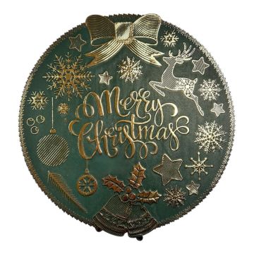 TOVAGLIETTA ROTONDA IN PLASTICA CON DECORO MERRY CHRISTMAS DIAM.38 CM VERDE/ORO