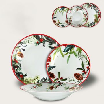 SERVIZIO 18 PIATTI IN CERAMICA BIANCO/ROSSO CON DECORO VISCHIO