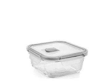 CONTENITORE IN VETRO QUADRATO CON COPERCHIO IN PLASTICA CON VALVOLA310ML