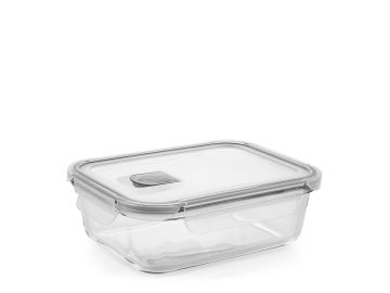CONTENITORE IN VETRO RETT. CON COPERCHIO IN PLASTICA CON VALVOLA 370ML