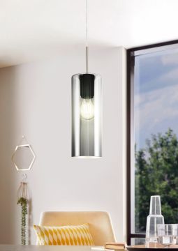 LAMPADARIO SELVINO NICHEL SATINATO E NERO-TRASPARENTE 10.5X110CM - 1XE27 15W
