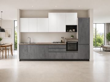 CUCINA MOD. FLO CM 360X60 H.216 PIETRA ANTRACITE E UTOPIA BIANCA VERSIONE DESTRA