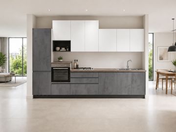 CUCINA MOD. FLO CM 360X60 H.216 PIETRA ANTRACITE E UTOPIA BIANCA VERSIONE SINISTRA