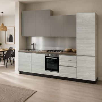 CUCINA MOD. FLO EVO E MOD. SKY CM 300X60 H.216 NOCE BIANCO E UTOPIA SETA VERSIONE DESTRA