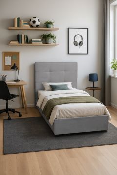 LETTO SINGOLO CON CONTENITORE MOD. NAPOLI IN TESSUTO GRIGIO CHIARO 