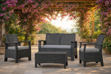 SALOTTO DA ESTERNO IN RESINA EFFETTO RATTAN ANTRACITE
