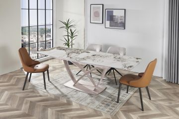 TAVOLO MOD. ANGEL ALL. CM 160X90 IN METALLO CACHEMIRE E PIANO IN VETRO CERAMICA CALACATTA