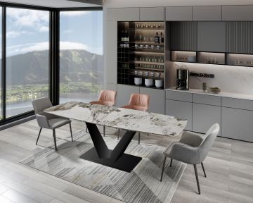 TAVOLO MOD. DUNE ALL. CM 160X90 IN METALLO NERO E PIANO IN VETRO CERAMICA CALACATTA