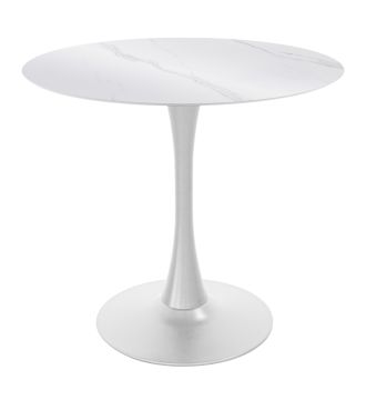 TAVOLO TONDO MOD.PAUL DIAM. 80 METALLO BIANCO E PIANO VETRO CERAMICA EFFETTO MARMO CARRARA