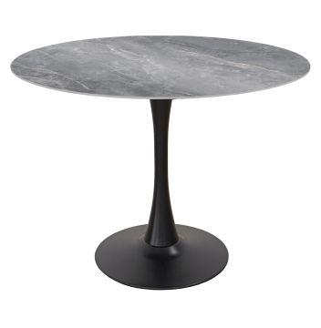 TAVOLO TONDO MOD. PAUL DIAM.100 IN METALLO NERO E PIANO IN VETRO CERAMICA EFFETTO MARMO GARDENIA