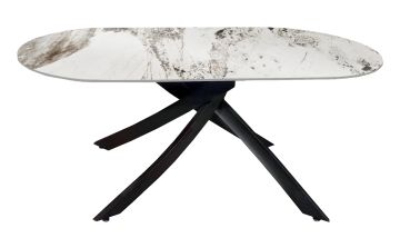 TAVOLO OVALE FISSO MOD.LORENZO CM 180X90 METALLO NERO E PIANO VETRO CERAMICA EFFETTO MARMO CALACATTA