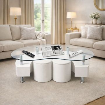 TAVOLINO A054-1 MDF BIANCO E VETRO TEMPERATO C/2 POUF