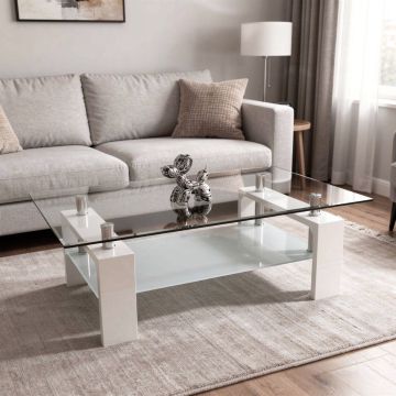 TAVOLINO IN LAMINATO BIANCO LUCIDO E PIANO IN VETRO CM 110X60 H. 40  