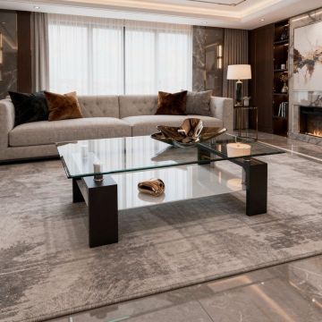 TAVOLINO IN LAMINATO LARICE NERO E PIANO IN VETRO CM 110X60 H. 40  