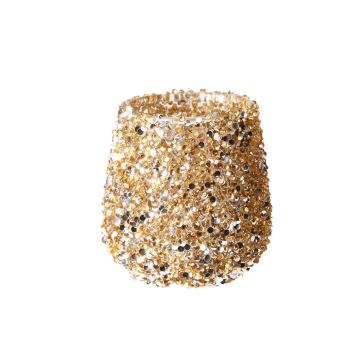 PORTA CANDELA IN VETRO CON PERLINE/STRASS ORO H 8CM