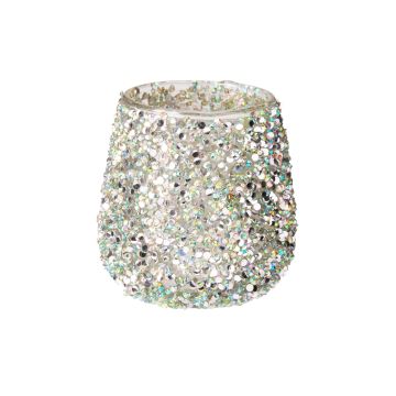 PORTA CANDELA IN VETRO CON PERLINE/STRASS ARGENTO/VERDE H 8CM