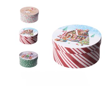 SCATOLA DI CARTA ROTONDA DIAM. 14CM CON DECORO PAN DI ZENZERO ASS.