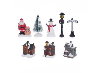 SET 10PZ VILLAGGIO DI NATALE CON LED CASETTE/BABBO/PUPAZZO/ALBERO/LAMPIONE