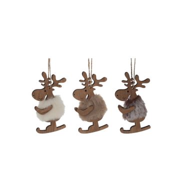 PEDENTE NATALIZIO CON RENNA DI LEGNO E PELLICCIA H. 11CM ASSORTITO