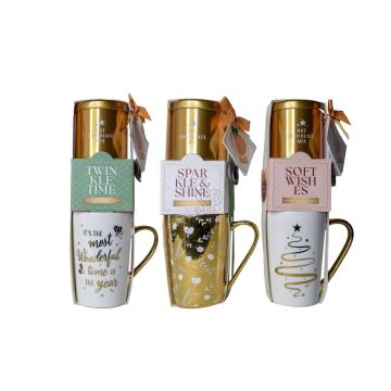 SET REGALO 3PZ TAZZA CERAMICA NATALIZIA DORATA + BEVANDA + BISCOTTI ASS.